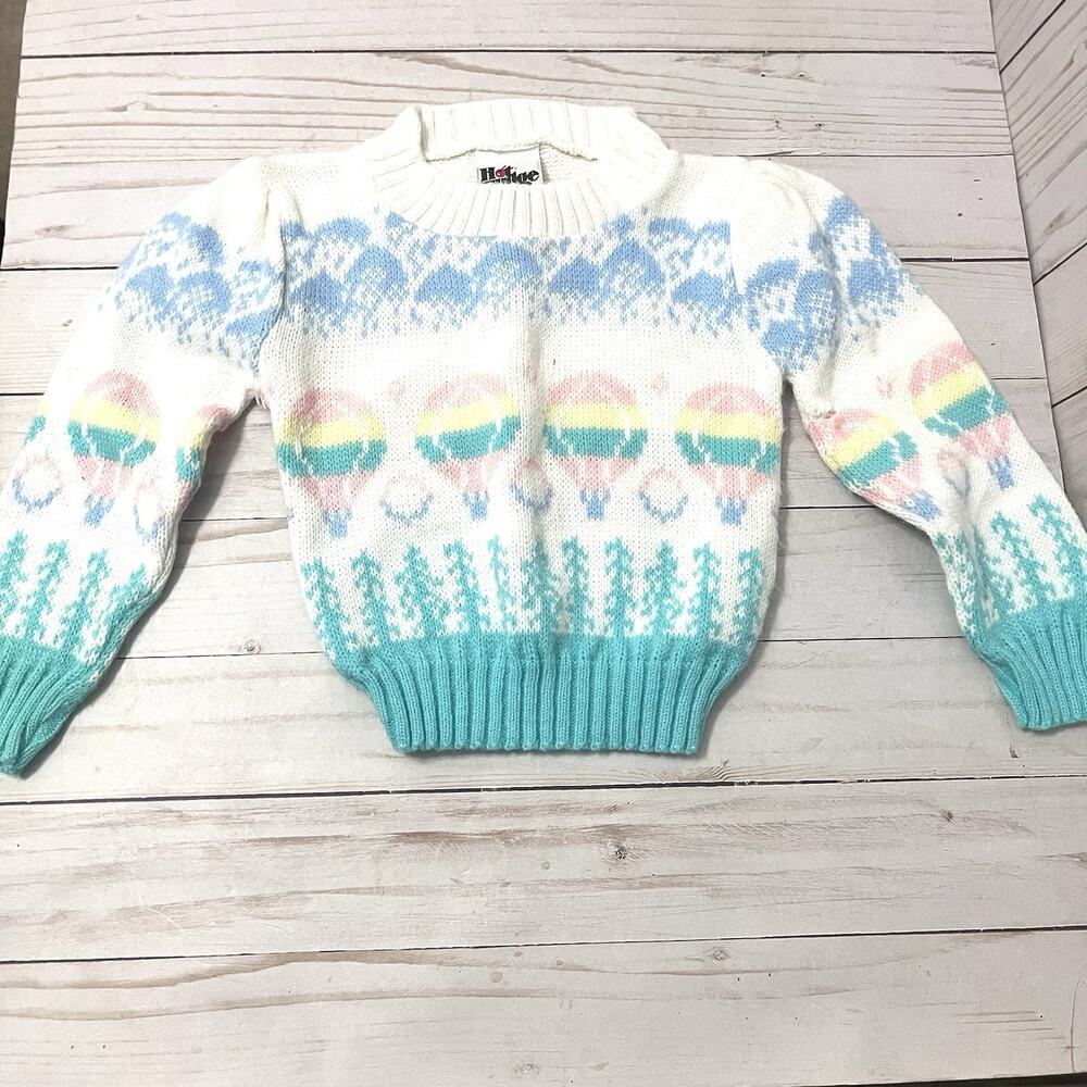 Vintage 80s Hot Fudge Kids Sweater Hot Air Balloon Pastel Made USA Size 3T 4T
